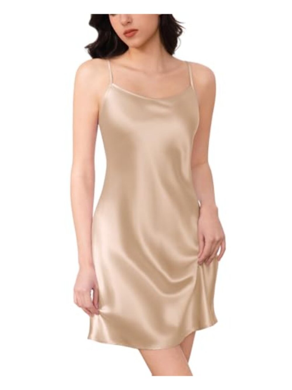 100% Mulberry Silk Short Nightgown Round Neck Spaghetti Strap Sleep Dress